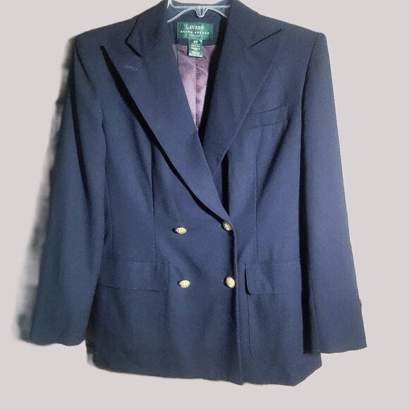 Vintage Lauren Ralph Lauren Navy Double-Breasted Wool Blazer - Women's Size 4P - Picture 1 of 16